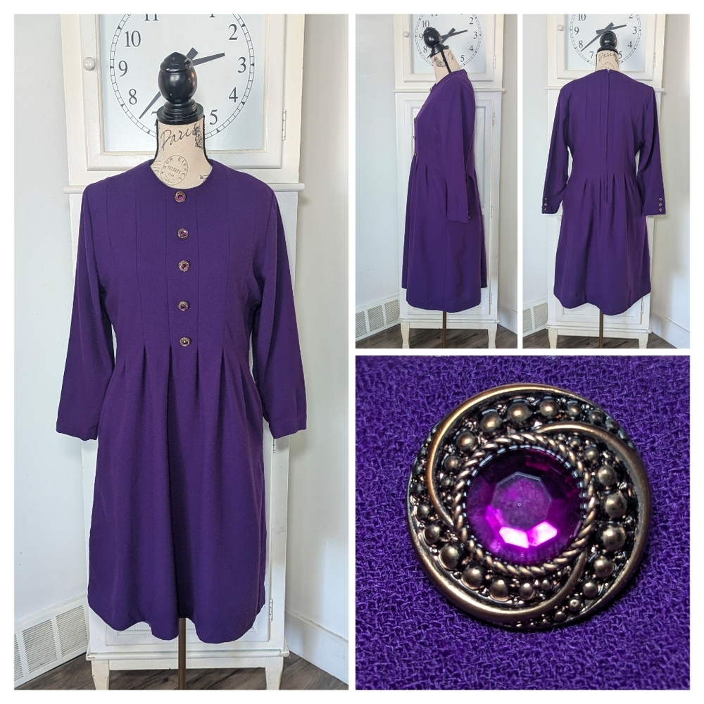 Vintage Purple Wool Dress With Jewel Buttons